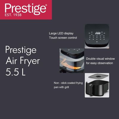 Prestige Air Fryer 5.5 Litre 1500W With Transparent Window | Non Stick Coated Frying pan with Grill | Touch Panel with 12 Preset Function - PR50320 - Black | 2 Years Warranty