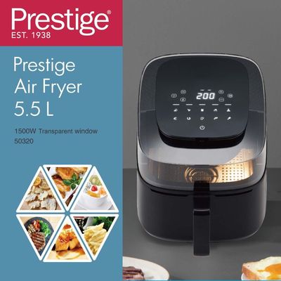 Prestige Air Fryer 5.5 Litre 1500W With Transparent Window | Non Stick Coated Frying pan with Grill | Touch Panel with 12 Preset Function - PR50320 - Black | 2 Years Warranty