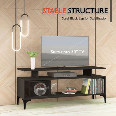Mahmayi Modern Multipurpose Wooden Media Console with Storage Shelves Ideal for Living Room, Bedroom and Office - Black