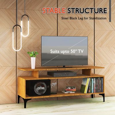 Mahmayi Modern Multipurpose Wooden Media Console with Storage Shelves Ideal for Living Room, Bedroom and Office - Light Walnut