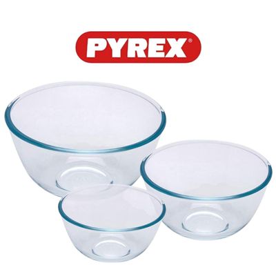 Pyrex Bowl Set of 3 (2L, 1L, 0.5L) - Clear Glass, Heat & Scratch Resistant