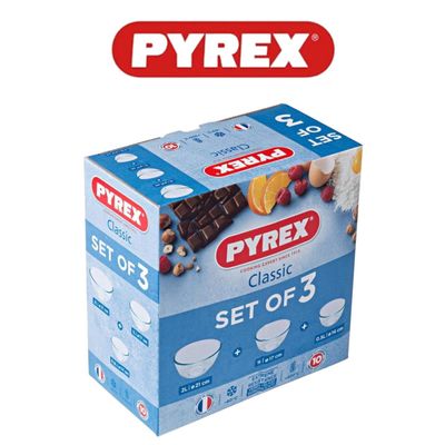 Pyrex Bowl Set of 3 (2L, 1L, 0.5L) - Clear Glass, Heat & Scratch Resistant
