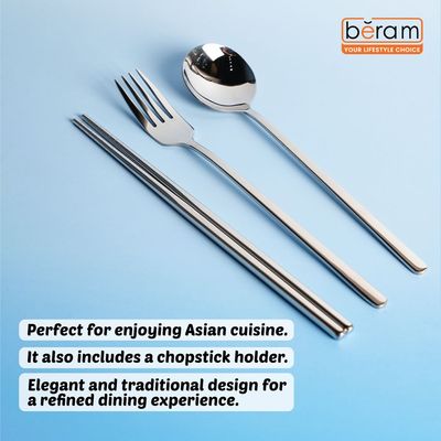 Beram Chopstick Trio 304 Stainless Steel Cutlery Set with Travel Box