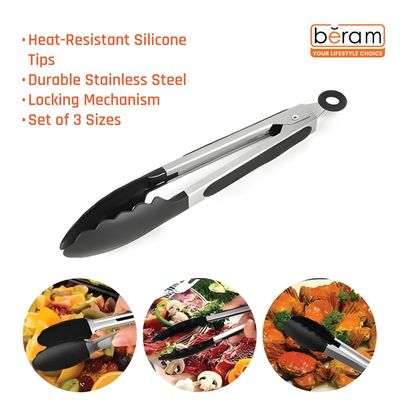 Beram Cooking Tongs 3 Pieces Set, Stainless Steel with Silicone Tips