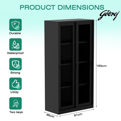 Godrej Glass Sliding Door Steel Bookshelf with Adjustable Shelves, Durable Steel Frame, and Sleek Black Finish