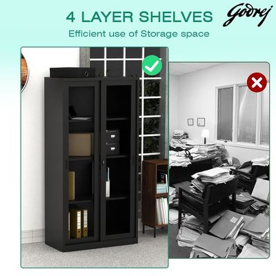 Godrej Glass Sliding Door Steel Bookshelf with Adjustable Shelves, Durable Steel Frame, and Sleek Black Finish
