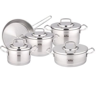 9-Piece Alfa Premium Cookware Set - 18/10 Cr-Ni Stainless Steel - 3 Deep Pots - 1 Low Pot - 1 Frypan 