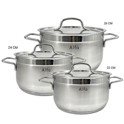 6-Piece Alfa Cookware Set - 18/10 Cr-Ni Stainless Steel - 3 Deep Pots  (22+24+26cm) 