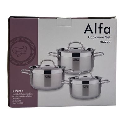 6-Piece Alfa Cookware Set - 18/10 Cr-Ni Stainless Steel - 3 Deep Pots  (26+28+32cm) 