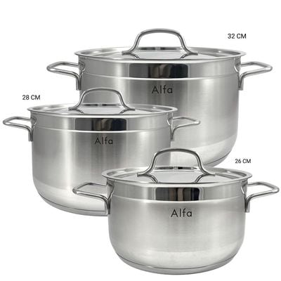 6-Piece Alfa Cookware Set - 18/10 Cr-Ni Stainless Steel - 3 Deep Pots  (26+28+32cm) 