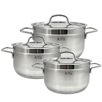 6-Piece Alfa Cookware Set - 18/10 Cr-Ni Stainless Steel - 3 Deep Pots  (26+28+32cm) 