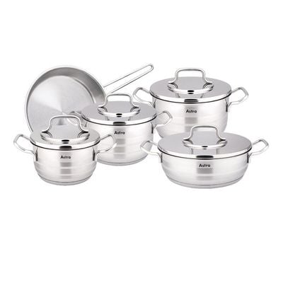 9-Piece Astra Premium Cookware Set - 18/10 Cr-Ni Stainless Steel - 3 Deep Pots - 1 Low Pot - 1 Frypan