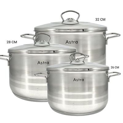 6-Piece Astra Cookware Set - 18/10 Cr-Ni Stainless Steel - 3 Deep Pots  (26+28+32cm)