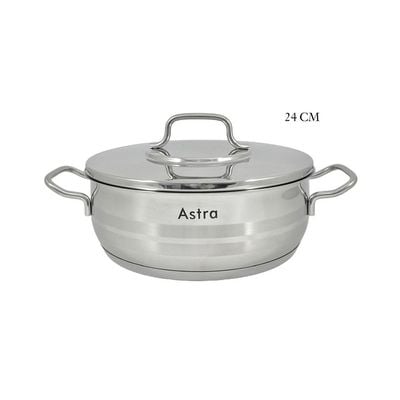 Astra Premium Low Casserole 24x8cm - 3.6 Liter Capacity -24/8 Cr-Ni Stainless Steel - Silver