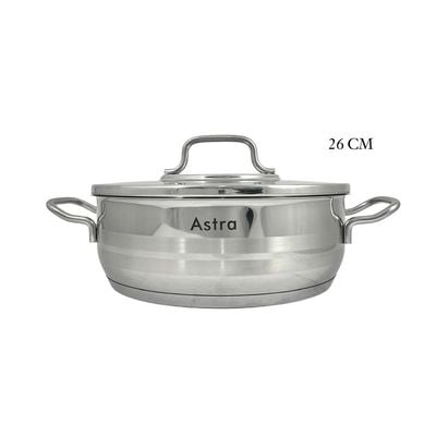 Astra Premium Low Casserole 26x10cm - 5.2 Liter Capacity -26/10 Cr-Ni Stainless Steel - Silver