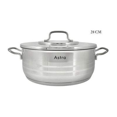 Astra Premium Low Casserole 28x11cm - 6.8 Liter Capacity -28/11 Cr-Ni Stainless Steel - Silver