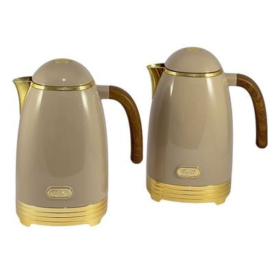 2-Piece Tea & Coffee Flask - 0.7 Liter & 1 Liter Capacity - Glass Inner - ABS Body - Light Coffee & Gold