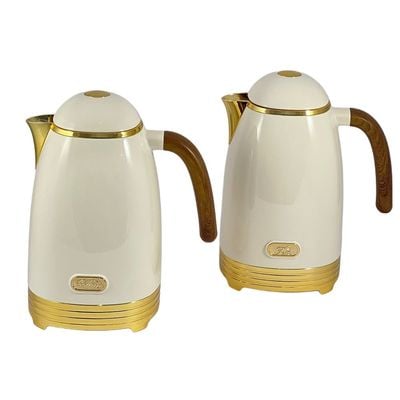 2-Piece Tea & Coffee Flask - 0.7 Liter & 1 Liter Capacity - Glass Inner - ABS Body - Light Grey & Gold