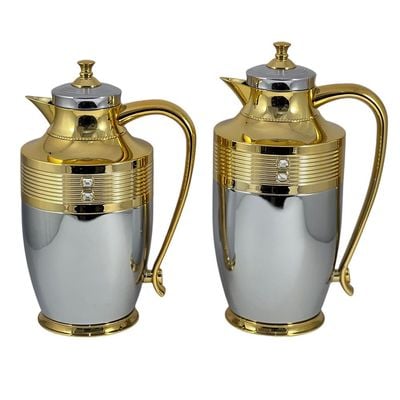 2-Piece Tea & Coffee Flask - 0.7 Liter & 1 Liter Capacity - Glass Inner - Steel Body - Silver & Gold