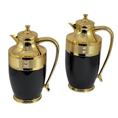 2-Piece Tea & Coffee Flask - 0.7 Liter & 1 Liter Capacity - Glass Inner - Steel Body - Black & Gold