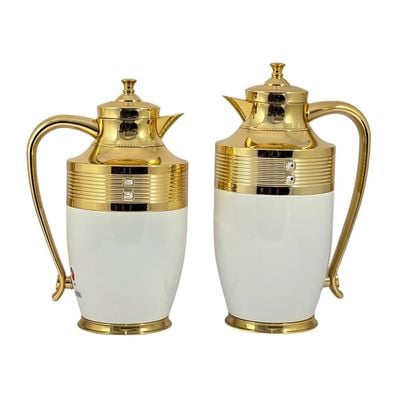 2-Piece Tea & Coffee Flask - 0.7 Liter & 1 Liter Capacity - Glass Inner - Steel Body - White & Gold