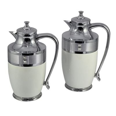 2-Piece Tea & Coffee Flask - 0.7 Liter & 1 Liter Capacity - Glass Inner - Steel Body - White & SILVER