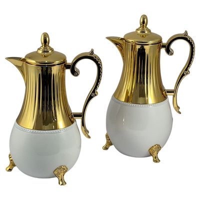 2-Piece Tea & Coffee Flask - 0.7 Liter & 1 Liter Capacity - Glass Inner - Steel Body - White & Gold