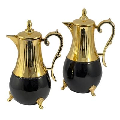 2-Piece Tea & Coffee Flask - 0.7 Liter & 1 Liter Capacity - Glass Inner - Steel Body - Black & Gold