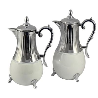 2-Piece Tea & Coffee Flask - 0.7 Liter & 1 Liter Capacity - Glass Inner - Steel Body - White & SILVER