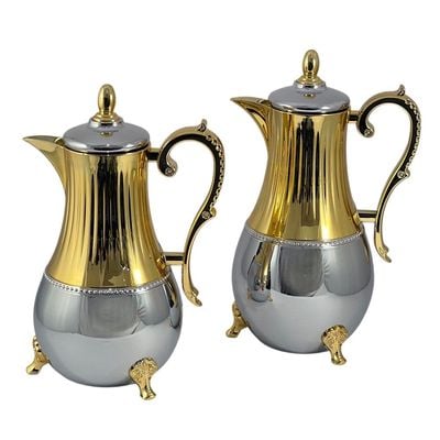 2-Piece Tea & Coffee Flask - 0.7 Liter & 1 Liter Capacity - Glass Inner - Steel Body - Silver & Gold