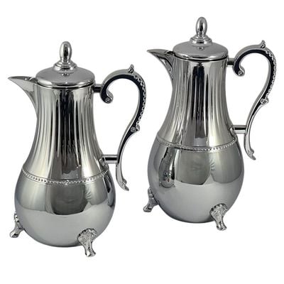 2-Piece Tea & Coffee Flask - 0.7 Liter & 1 Liter Capacity - Glass Inner - Steel Body - Silver