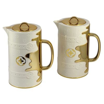 2-Piece Tea & Coffee Flask - 0.7 Liter & 1 Liter Capacity - Glass Inner - ABS Body -  Light Grey & Gold