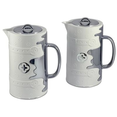 2-Piece Tea & Coffee Flask - 0.7 Liter & 1 Liter Capacity - Glass Inner - ABS Body - White & SILVER