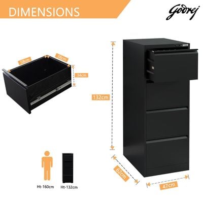 Godrej 4 Drawer Digital Filing Cabinet with Touch Screen Lock, Heavy-Duty Steel, and Scratch-Resistant Black Finish