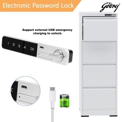 Godrej 4 Drawer Digital Filing Cabinet with Touch Screen Lock, Heavy-Duty Steel, and Scratch-Resistant White Finish