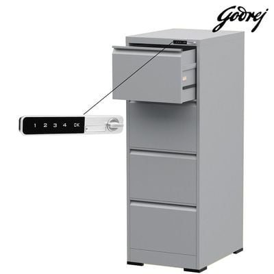 Godrej 4 Drawer Digital Filing Cabinet with Touch Screen Lock, Heavy-Duty Steel, and Scratch-Resistant Grey Finish