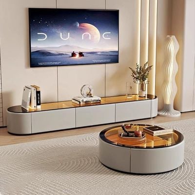 Led Tv Table And Coffee Tables Set - Glass Top Grey - 200Cm