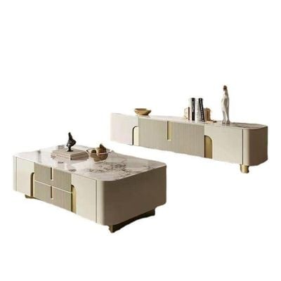 Modern Luxury Tv And Coffee Tables Set Beige And Golden Accent 180Cm