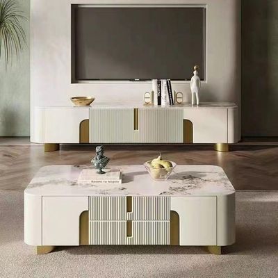 Modern Luxury Tv And Coffee Tables Set Beige And Golden Accent 180Cm