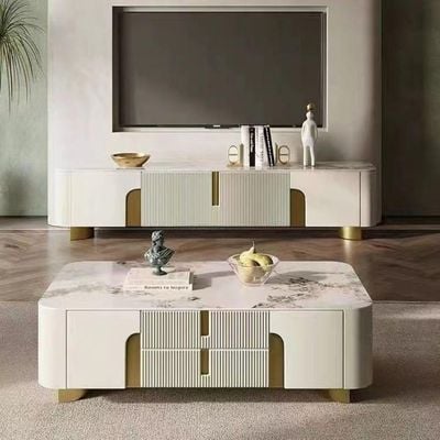 Modern Luxury Tv And Coffee Tables Set Beige And Golden Accent 180Cm