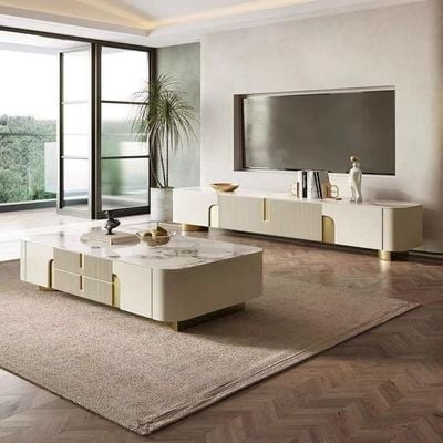 Modern Luxury Tv And Coffee Tables Set Beige And Golden Accent 180Cm