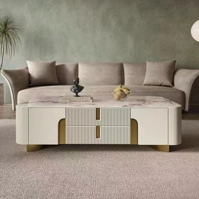 Modern Luxury Tv And Coffee Tables Set Beige And Golden Accent 180Cm