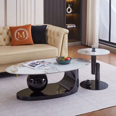 Oval Slate Coffee Tables Set Stainless Steel Black 120Cm