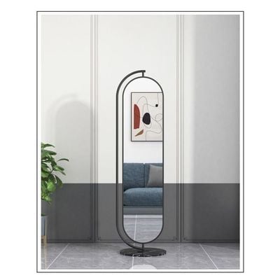 Floor Mirror Metal Frame Marble Base And Back Hanger Black 175Cm