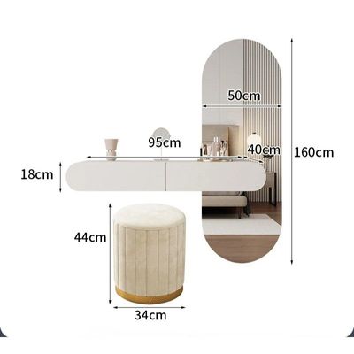Minimalist Dressing Table with Mirror and Stool, Modern-Style Wall Mounted Vanity Table with Oval Mirror Built in Lightning, Two Storage Drawers for Girl's Women's Bedroom