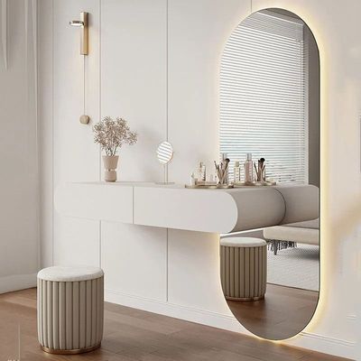 Minimalist Dressing Table with Mirror and Stool, Modern-Style Wall Mounted Vanity Table with Oval Mirror Built in Lightning, Two Storage Drawers for Girl's Women's Bedroom