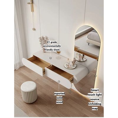 Minimalist Dressing Table with Mirror and Stool, Modern-Style Wall Mounted Vanity Table with Oval Mirror Built in Lightning, Two Storage Drawers for Girl's Women's Bedroom