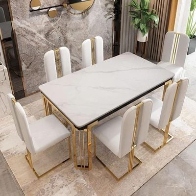 AWD Luxury Marble Top Dining Table Set with 6 White Chairs, Rectangular Dining Table, Stainless Steel Frame in Shiny Gold, 6 Seater Dining Table.