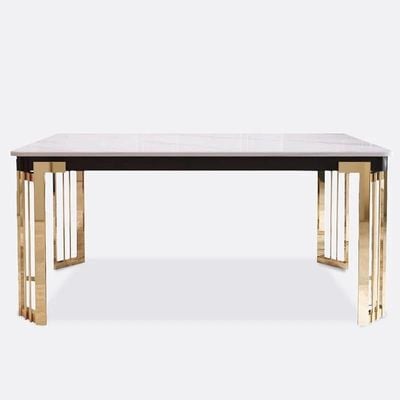 AWD Luxury Marble Top Dining Table Set with 6 White Chairs, Rectangular Dining Table, Stainless Steel Frame in Shiny Gold, 6 Seater Dining Table.