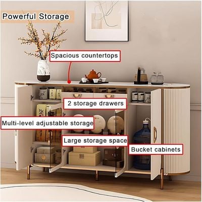 Modern Coffee Bar Sideboard Cabinet with Water Heating Function, Touch Panel Control, Glass Display, Fluted Doors, Gold Accents, Buffet for Dining Room, Living Room or kitchen  - Off White